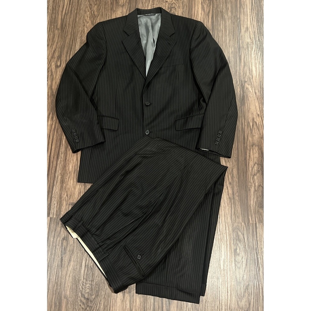 Jack Victor Zealander WOOL LOROPIANA Italy Suit Pinstriped Black 40R Pants 34R